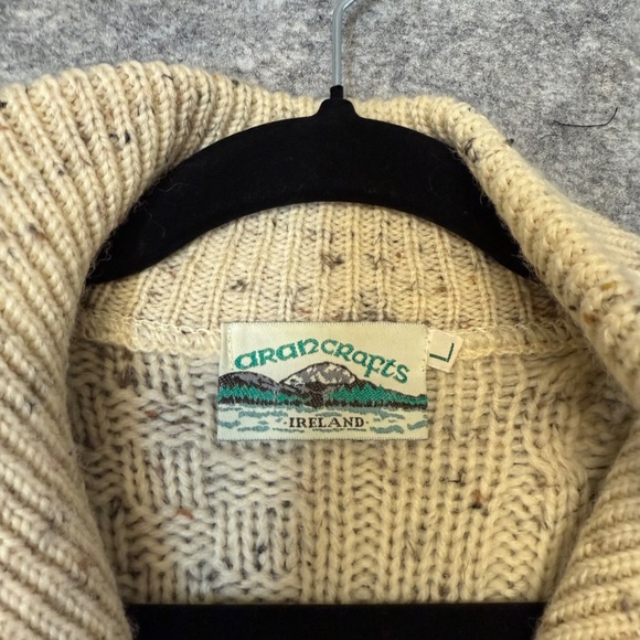 Aran Crafts Ireland Cream Wool Sweater Half Zip Cable Knit Size Large - Picture 7 of 9